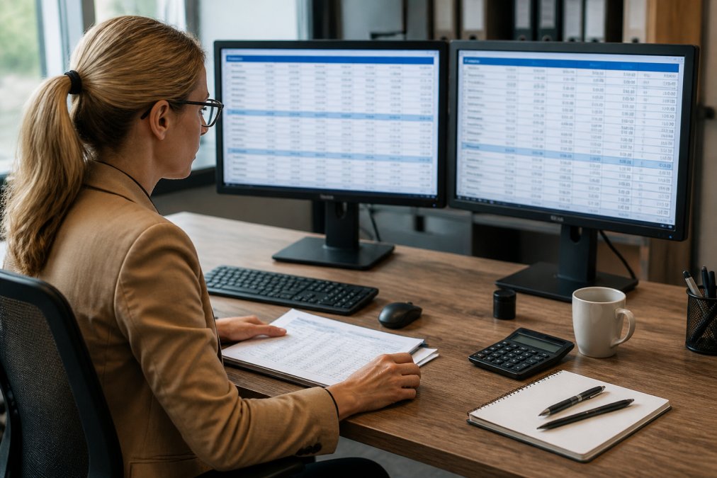 Accountant reviewing payroll software reports on dual monitors in a modern office desk setup