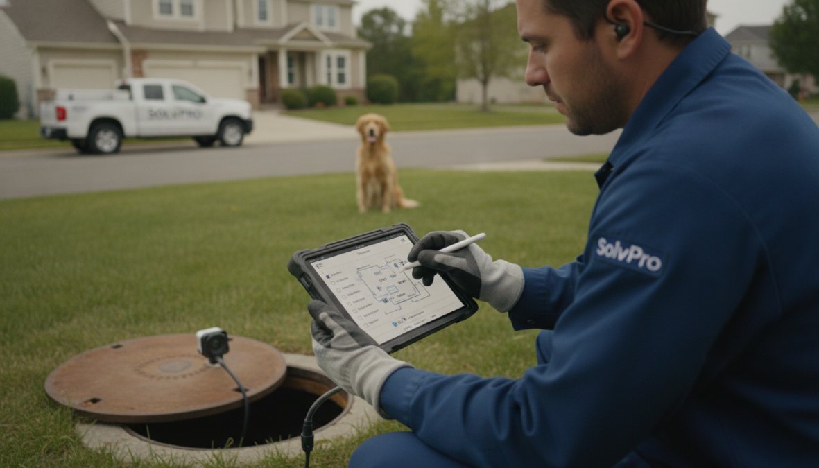 Septic service technician in uniform checking a residential septic tank in a yard, using a mobile tablet to document findings and measurements in real-time