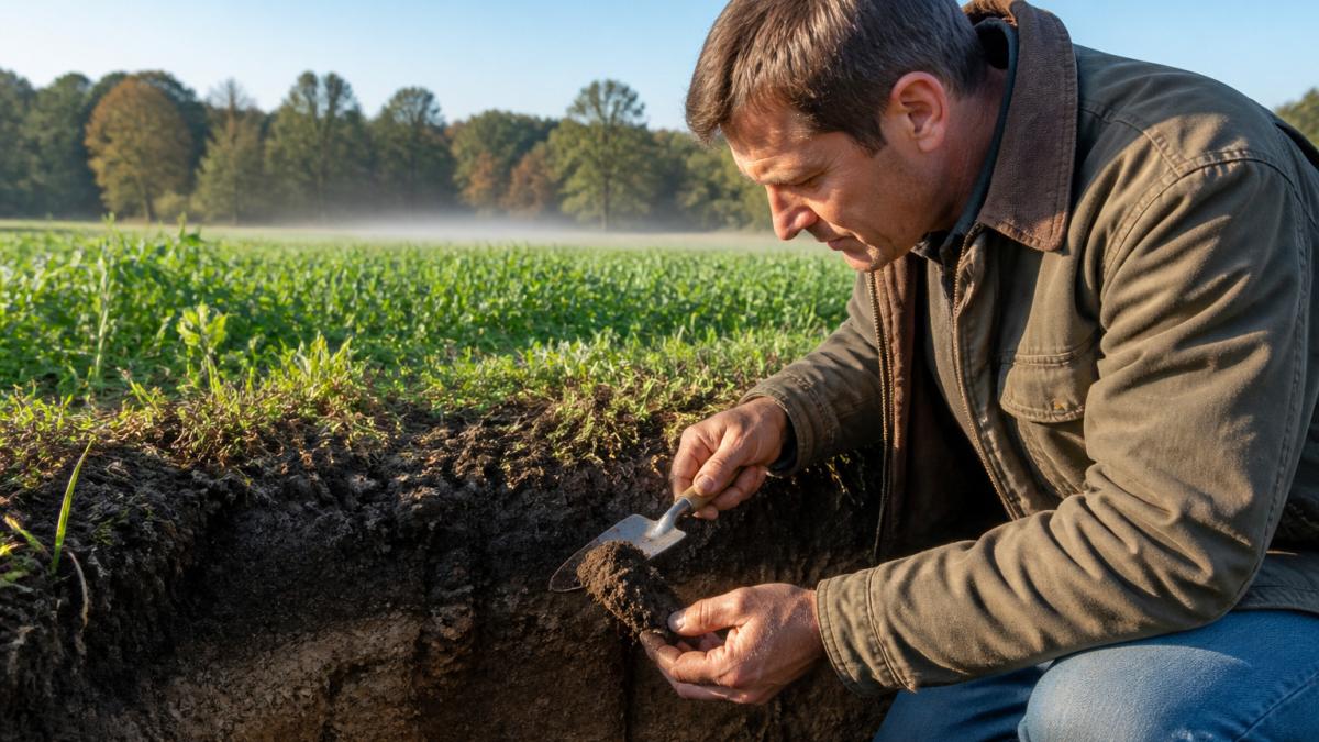 Farmer examining dark, crumbly topsoil with a trowel for a soil biology test in a green field at sunrise.