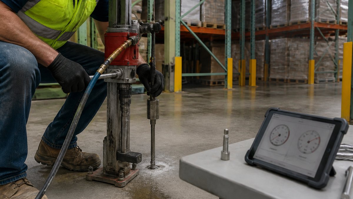 A geotechnical crew in safety vests and hard hats using a drill rig to inject polyurethane resin through small ports in a warehouse concrete slab, with forklift racking visible in the background and a tablet showing injection pressures on a nearby table