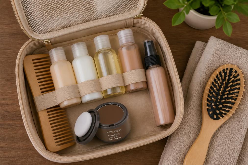 Flat lay d'une trousse de toilette de voyage ouverte sur une surface en bois, montrant de petits flacons de soins capillaires format voyage, un peigne à dents larges et un spray démêlant, photographié de dessus en lumière naturelle