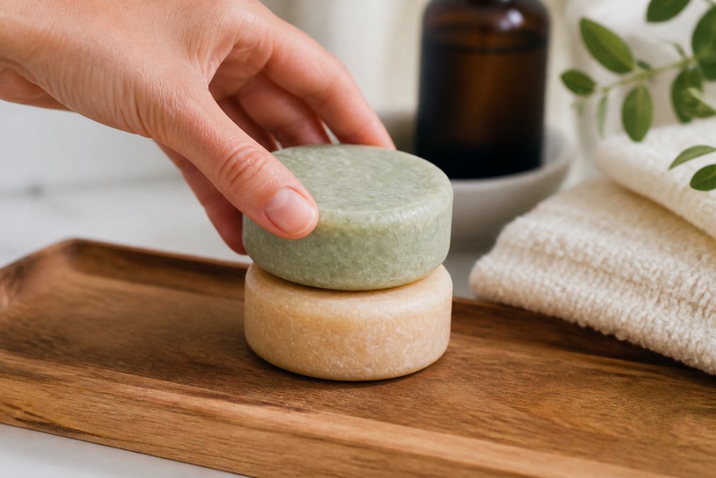 Close-up of stacked solid shampoo and conditioner bars with a hand touching them, showing their compact texture and practical travel-friendly format, natural lighting