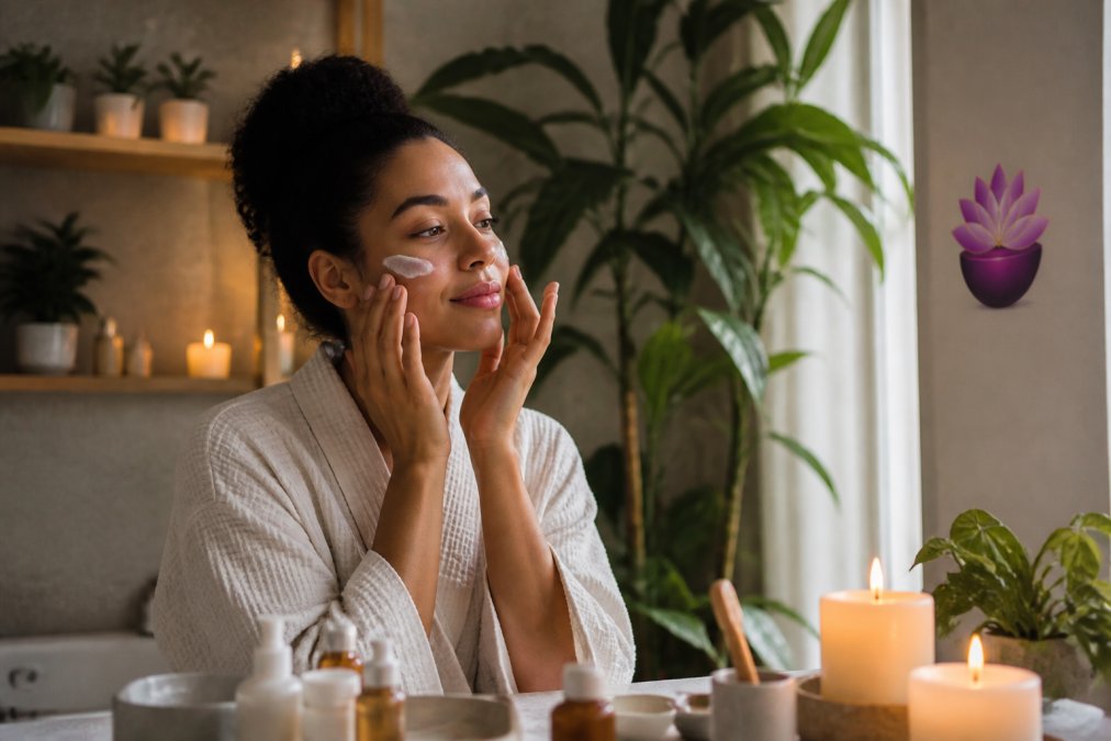 Femme apaisée appliquant une crème dans une salle de bain sereine pour ses soins intentionnels peau au quotidien.
