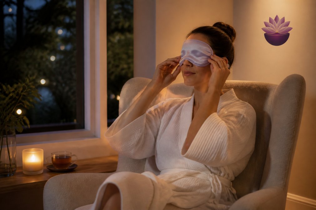 Femme assise dans un fauteuil près d'une fenêtre, appliquant un masque de sommeil en tissu effet soie sur ses yeux, ambiance calme du soir avec bougie et tasse de tisane sur une table basse