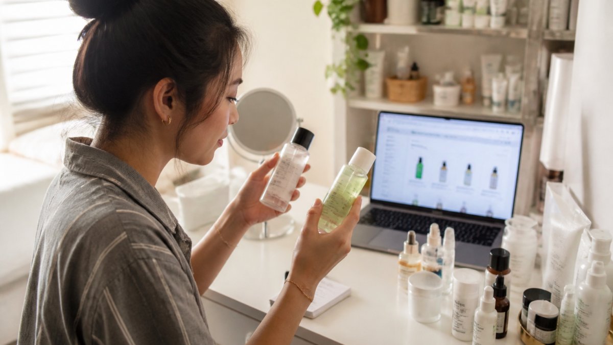 A young woman sitting at a bright vanity table holding two Korean skincare bottles, comparing labels with a laptop open to a beauty retailer website in the background
