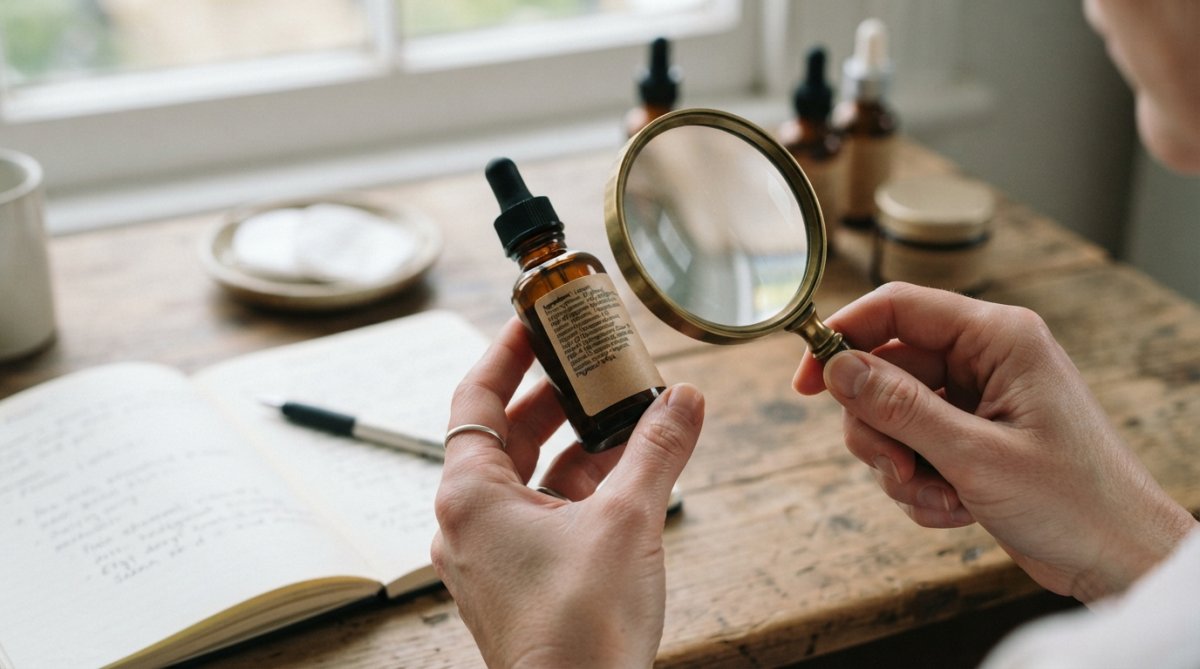 Hands examining a skincare label with a magnifying glass for clean beauty product alternatives