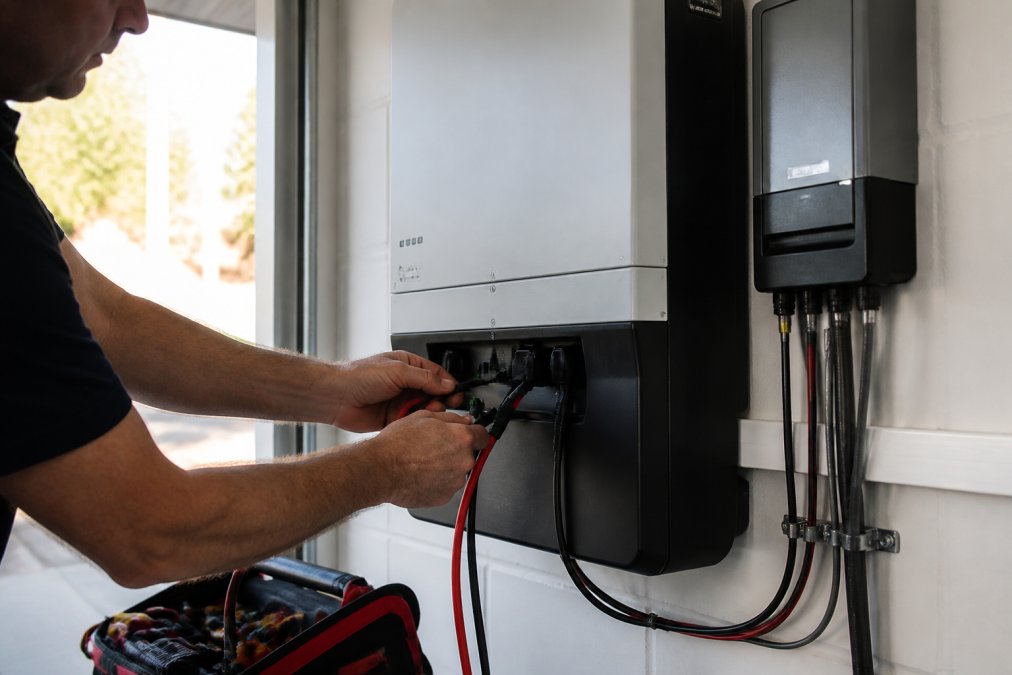 Professional electrician's hands connecting red and black wiring to a solar battery unit mounted on a garage wall, with safety certification labels visible and morning light streaming through a window
