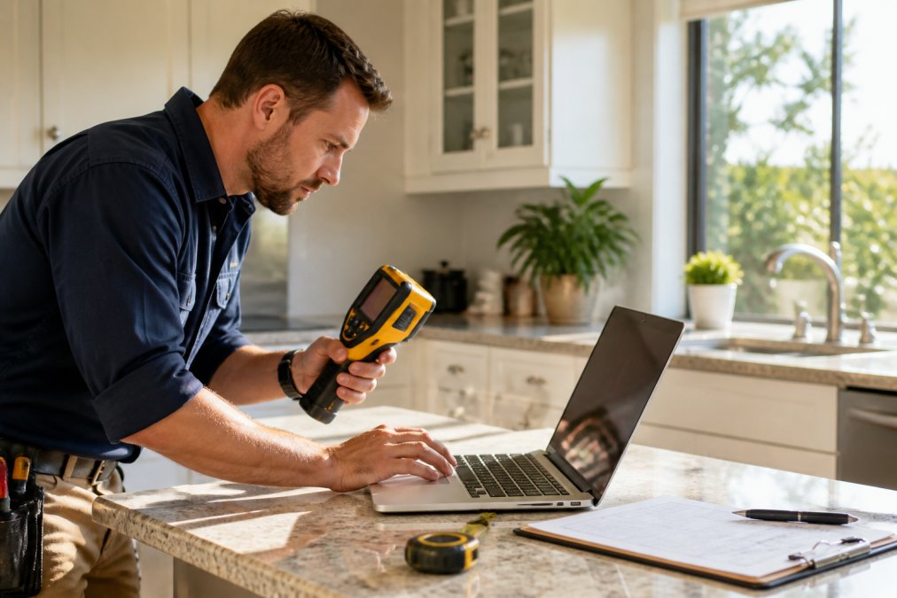 Residential solar installer using a laptop and thermal imaging camera to assess roof orientation and electrical panel location, with sunlight illuminating the measurement tools on a kitchen counter