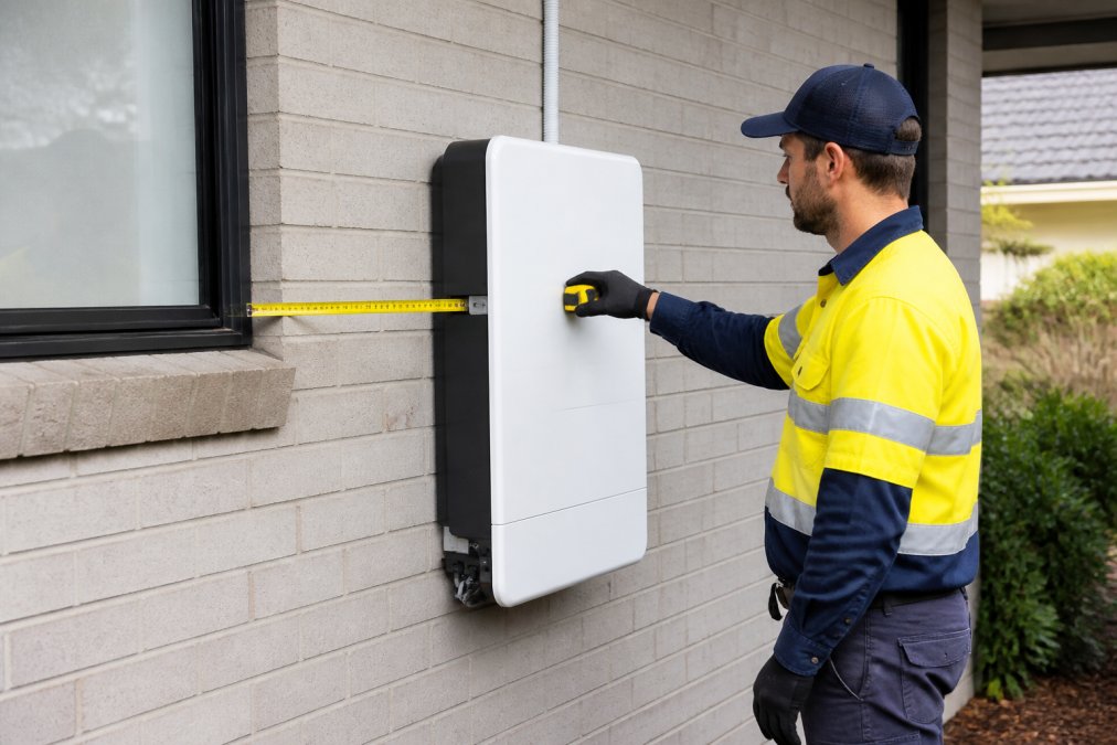 A professional installer in high-visibility workwear mounting a modern lithium-ion battery unit on an exterior wall of a suburban Australian home, holding a tape measure against the wall to verify the clearance gap from a nearby window