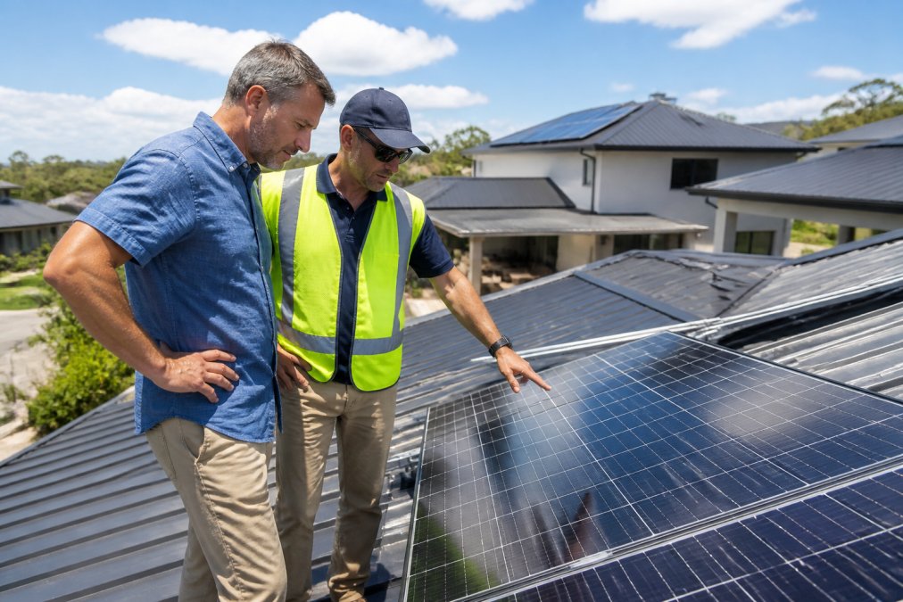 Homeowner reviewing solar battery installation on rooftop with installer in bright daylight, modern residential home visible in background