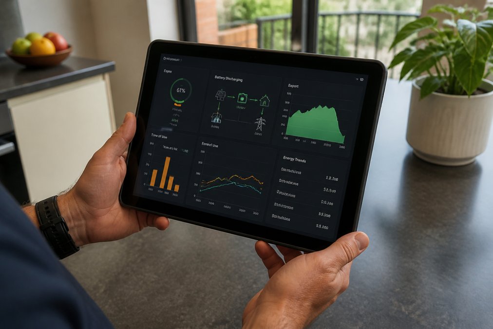 Close-up of smart energy monitoring dashboard on tablet screen showing real-time battery discharge and grid export data with time-of-use rates visible