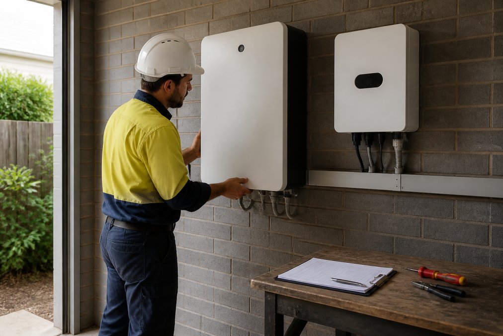 A licensed electrician in safety gear mounting a home battery unit on a garage wall beside an inverter, with a clipboard and paperwork resting on a nearby workbench