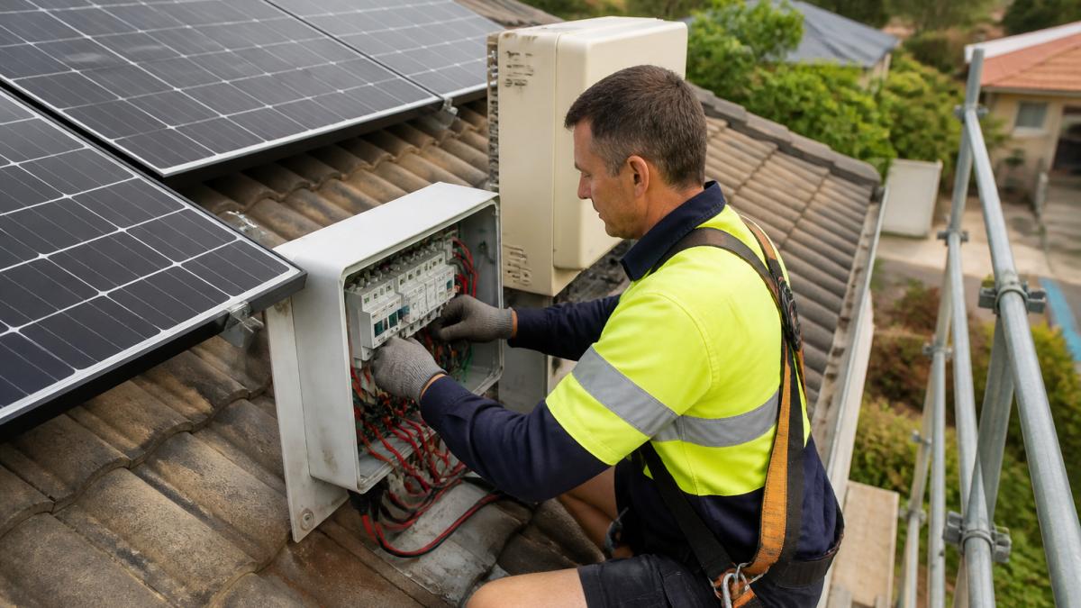 Professional electrician in high-visibility vest inspecting solar panel array and switchboard connections on residential home roof, checking compatibility before retrofit installation