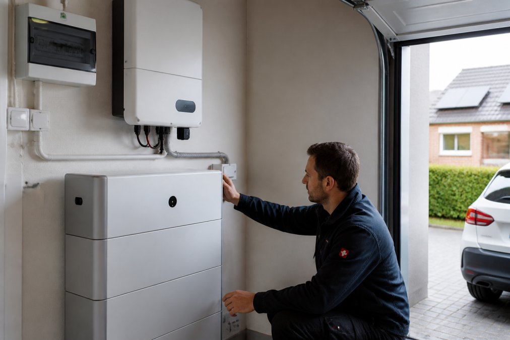 Professional technician examining a modern lithium-ion battery unit installed in a residential garage, with inverter display panel and monitoring systems visible, natural daylight streaming through garage door