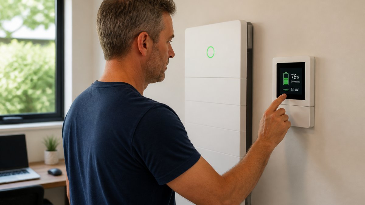 Homeowner checking their solar battery display panel mounted on a wall in home office, showing real-time energy storage percentage and discharge rate with green indicators