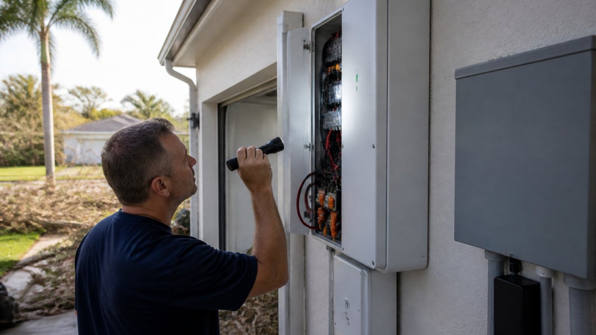 Homeowner in Port St. Lucie checking battery storage unit mounted on garage wall after hurricane, inspecting connectors and looking for visible storm damage with flashlight in afternoon light