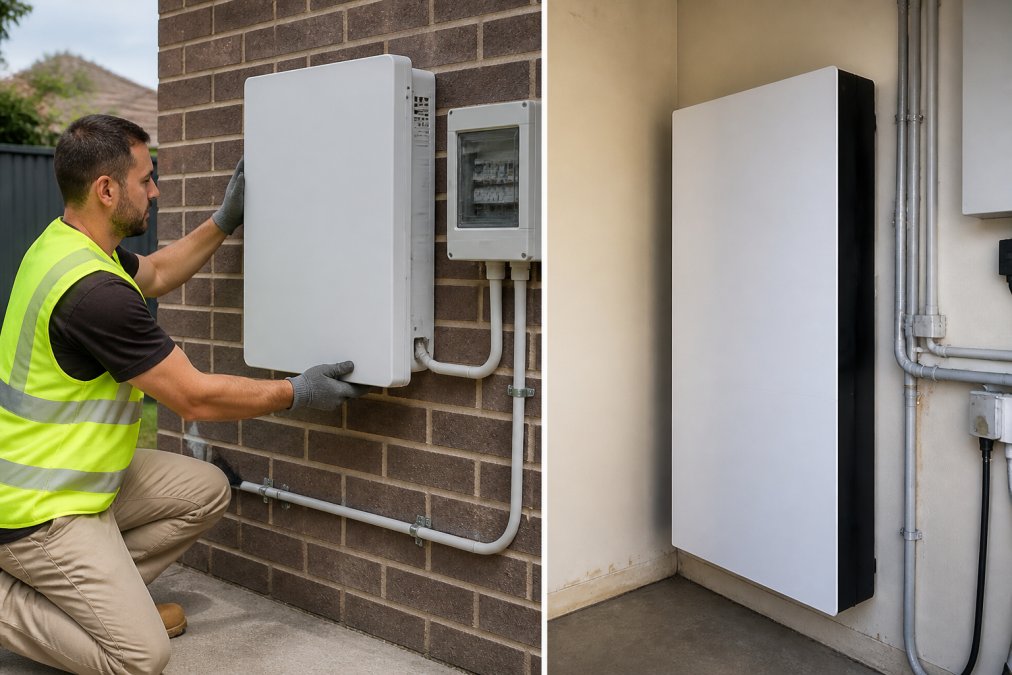 A professional installer in a high-visibility vest and safety gloves mounting a white wall-mounted home battery unit on an exterior brick wall beside an electrical switchboard, with clear space around the unit and bright natural daylight