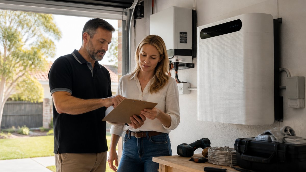 A homeowner and an accredited installer reviewing a clipboard of rebate paperwork together beside a newly installed battery unit mounted on a garage wall, afternoon light through the open roller door