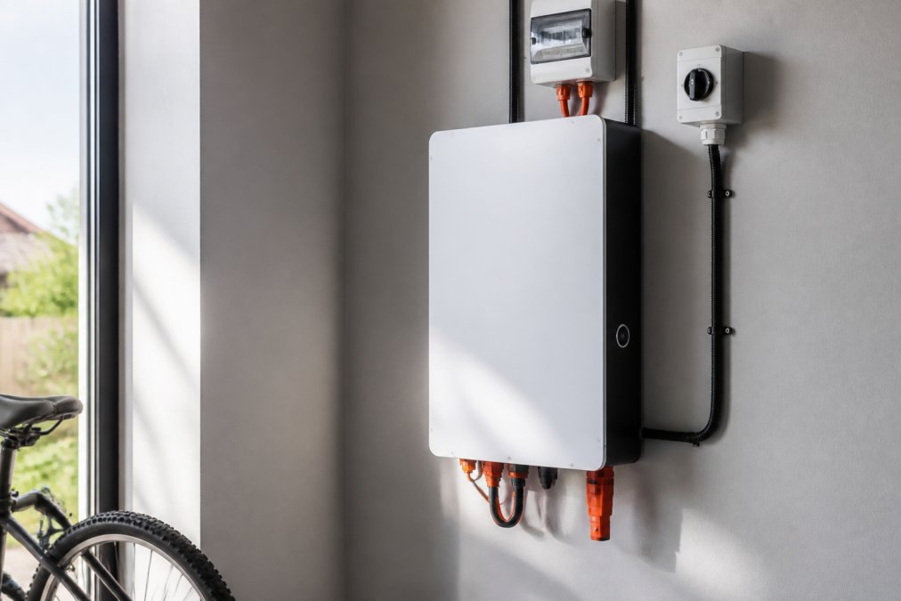 Close-up of a modern lithium-ion battery module installed in a home garage, showing the compact casing with electrical connections and safety indicators, bright natural light from window