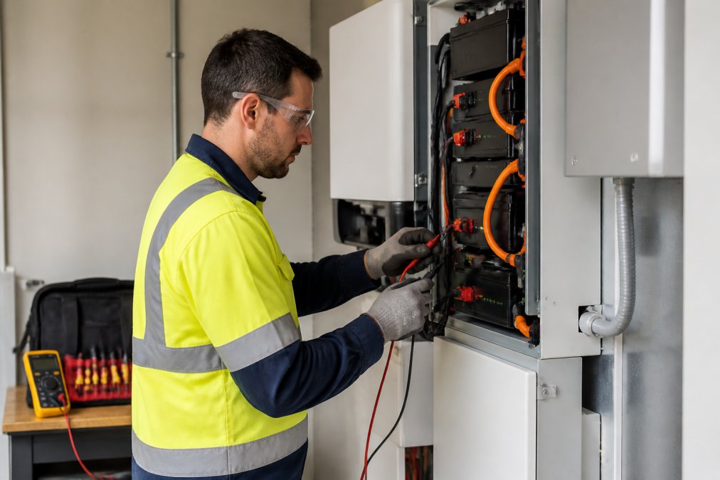 CEC-accredited solar installer in high-visibility vest performing safety checks on a battery system installation using a digital multimeter, with testing equipment on workbench in background