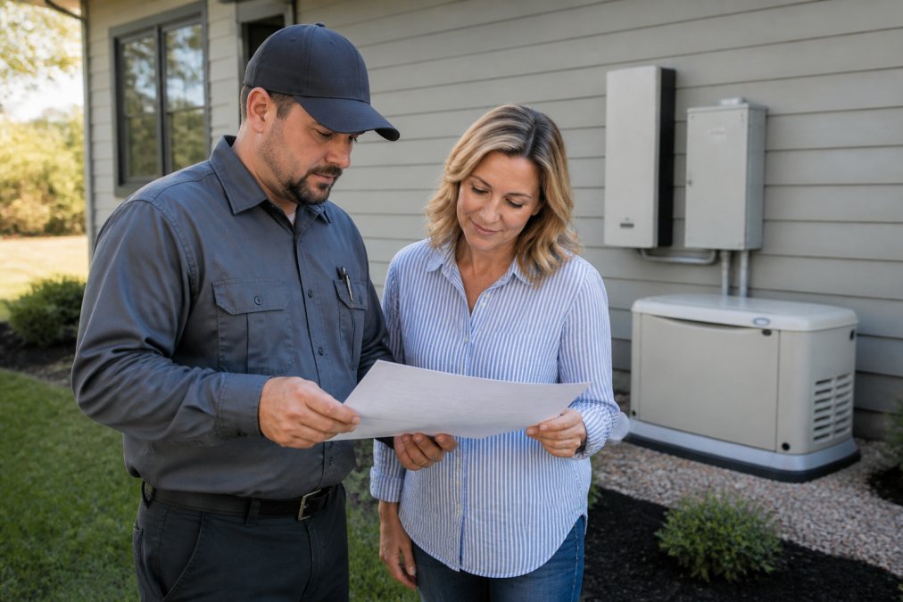 A licensed electrician in work clothes reviewing a line-item installation quote with a homeowner beside a house, generator and battery equipment visible in the background, natural daylight