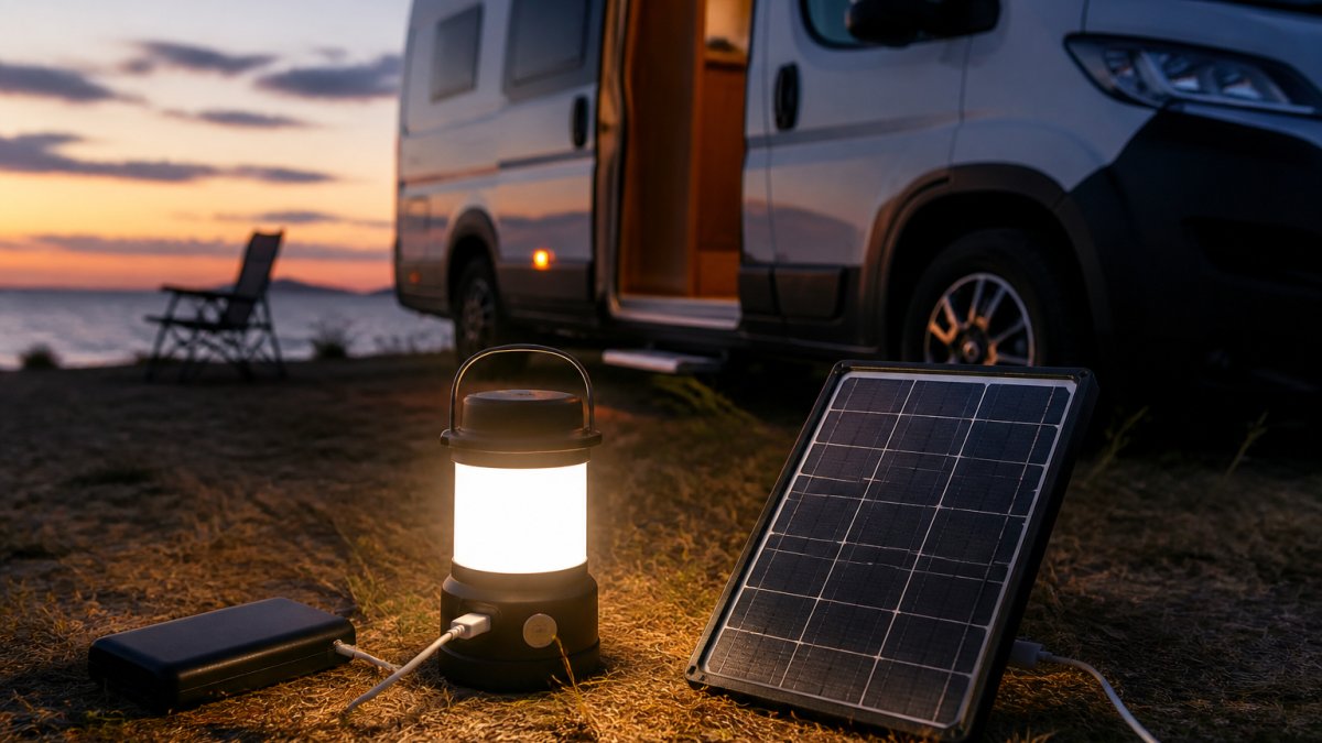 Beleuchtete Campinglaterne mit Solarpanel neben einem Wohnmobil in der Dämmerung mit USB-Ladekabel