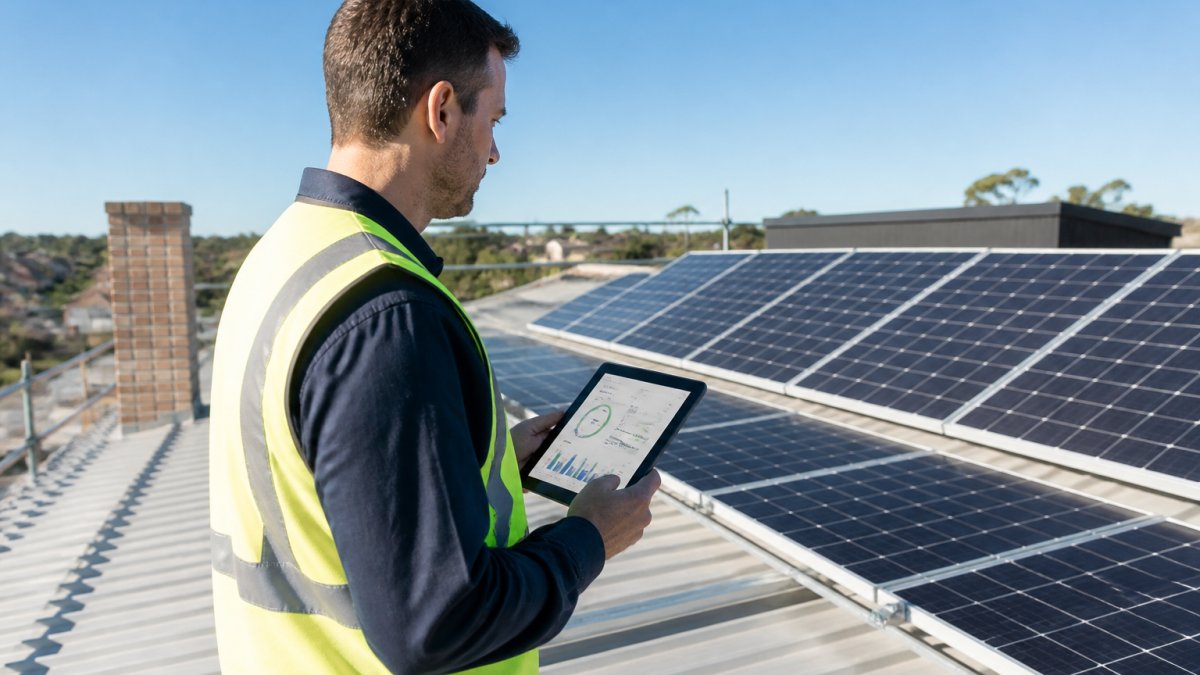 Professional technician in high-visibility vest holding a tablet displaying solar monitoring dashboard, standing on residential rooftop in front of solar panel array with clear blue sky in background