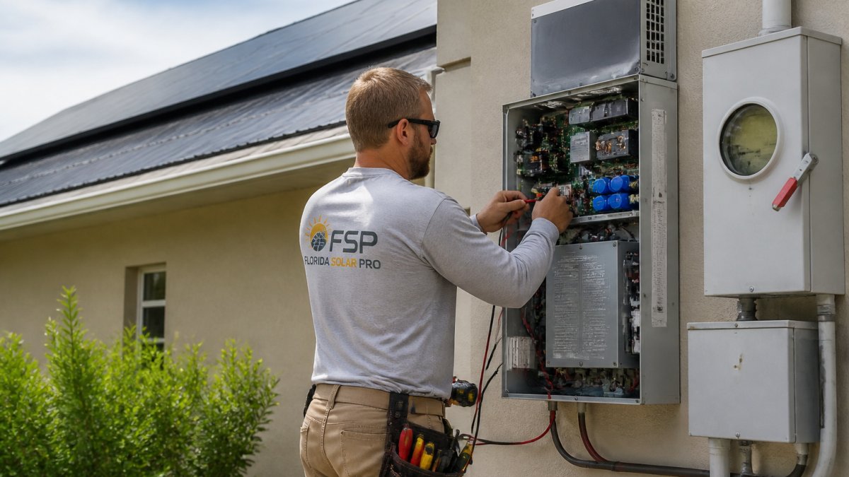 Technician performing solar system diagnostics orphaned on a residential inverter with panels in the background