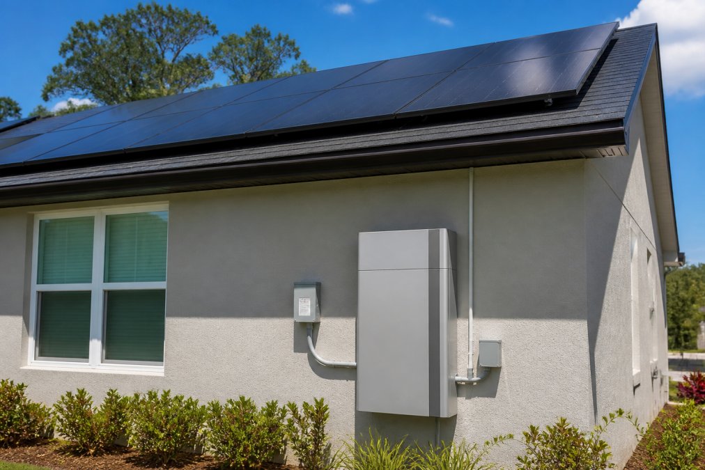 Residential home exterior showing solar panels on roof with battery storage unit mounted on side wall during daytime, clear sky visible