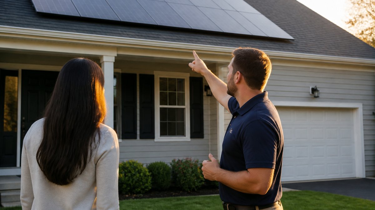 A homeowner standing in their front yard looking up at a rooftop solar array while a solar installer in a branded polo shirt points at the roof and explains the layout, late afternoon sunlight