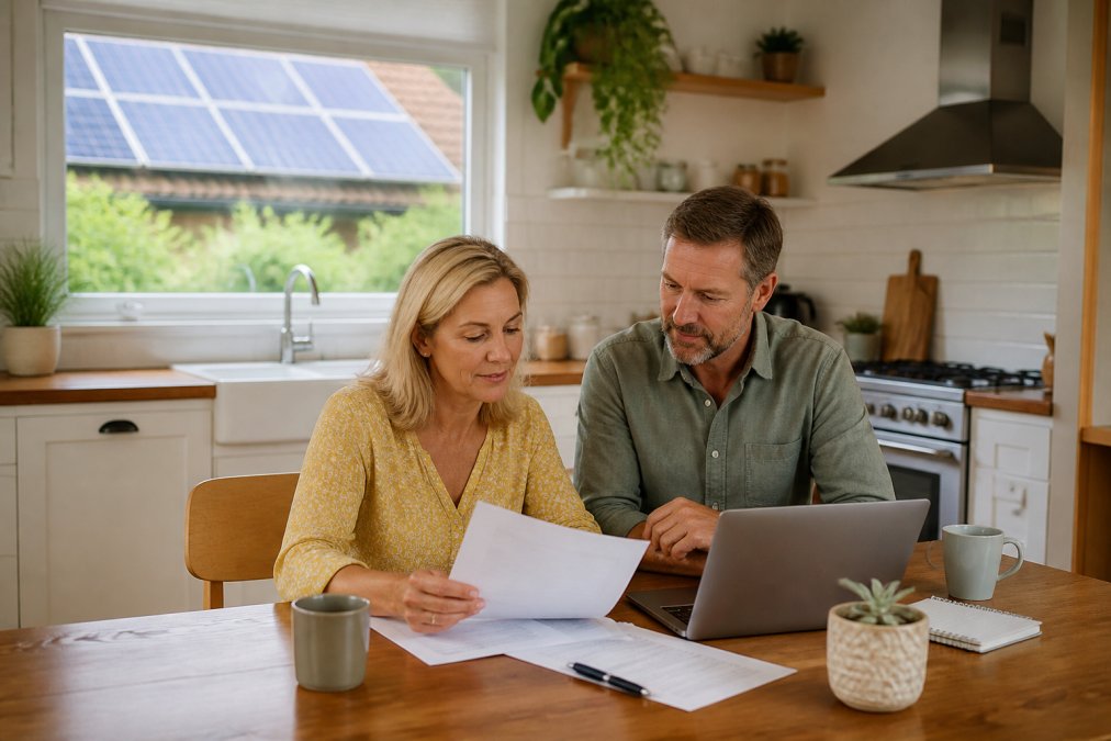 A homeowner reviewing a solar rebate application on a laptop at a kitchen table, with a solar panel visible through the window behind them