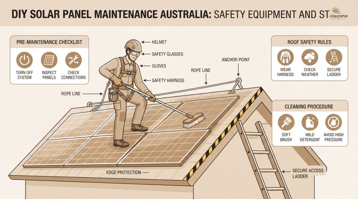 Technician in safety harness and protective gear inspecting solar panels on a residential roof, showing proper roof safety equipment and positioning during maintenance