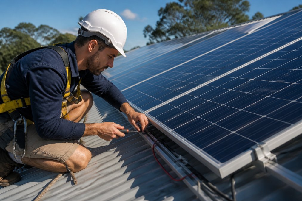 Professional technician in safety gear inspecting solar panel mounting hardware and electrical connections on residential roof in bright daylight, checking cabling with precision tools
