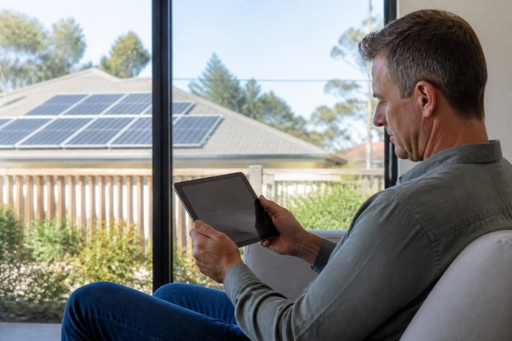 Homeowner viewing real-time solar energy system performance data on tablet screen indoors, displaying energy production graphs and system health metrics with natural window lighting