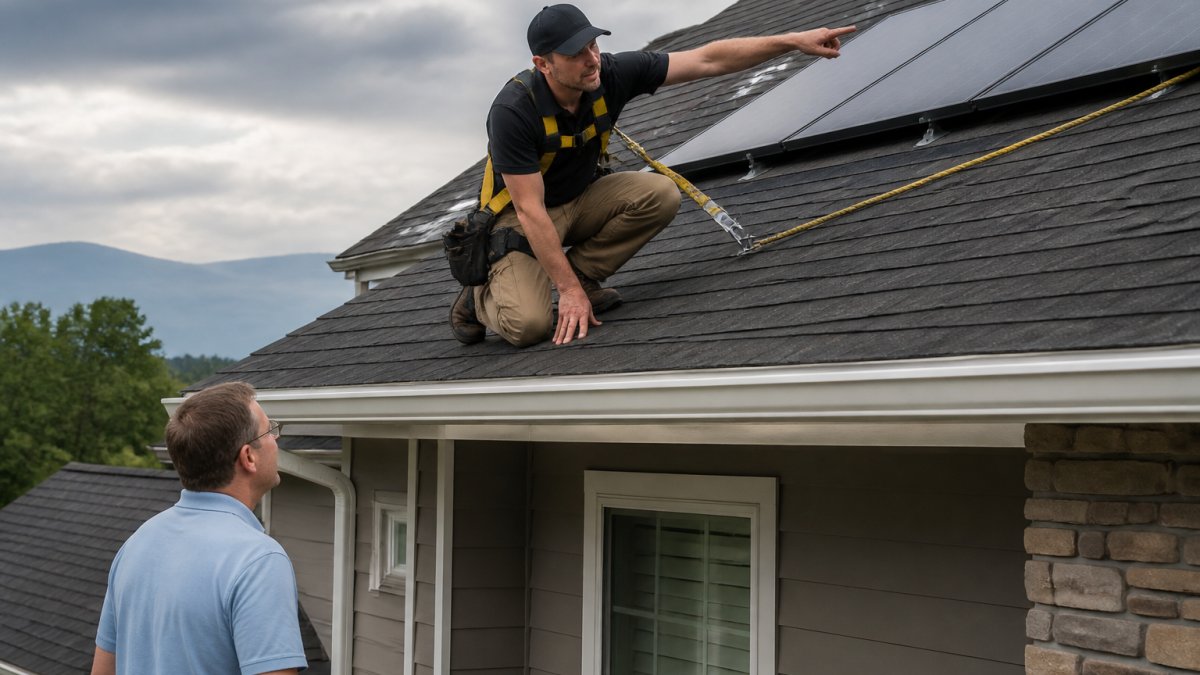 Professional solar installer in safety harness on residential rooftop pointing to roof orientation while discussing system placement with homeowner standing below