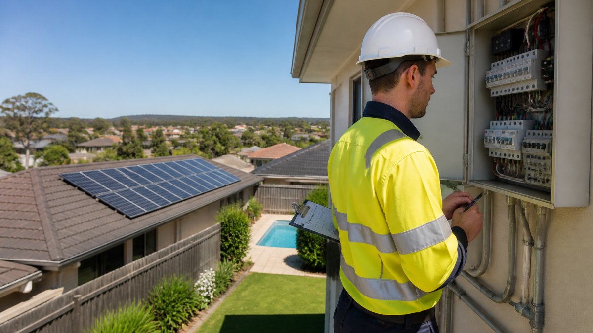 Solar installer in high-visibility clothing examining residential roof and electrical switchboard during site assessment, with property layout visible in background under clear daylight
