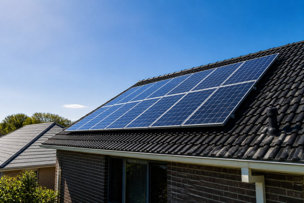 Rooftop solar panels on a residential home with blue sky and bright sunlight, showing the physical installation that generates exported electricity for grid export