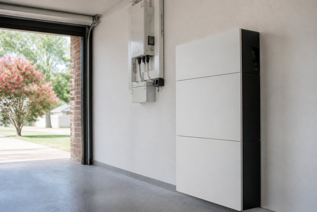 A modern home battery storage unit installed indoors, showing the physical equipment that stores solar energy for later use or export