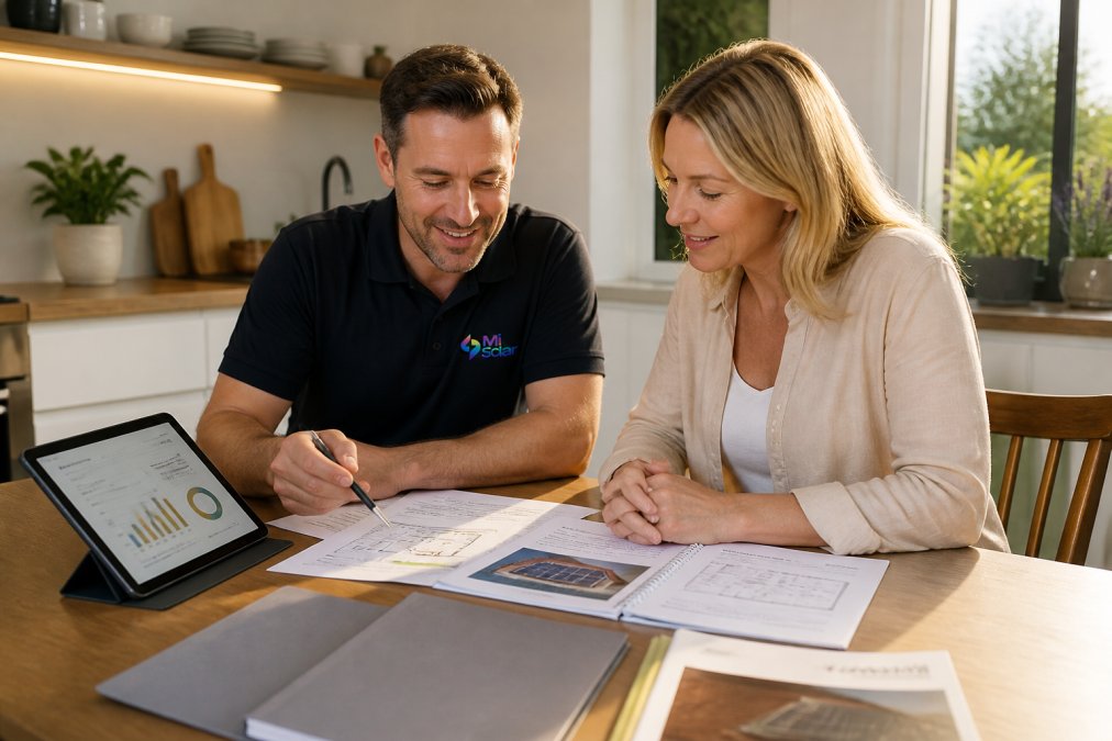 A homeowner and a solar consultant reviewing financing paperwork and a system plan at a kitchen table, with a tablet showing an energy usage summary, warm afternoon light through a window