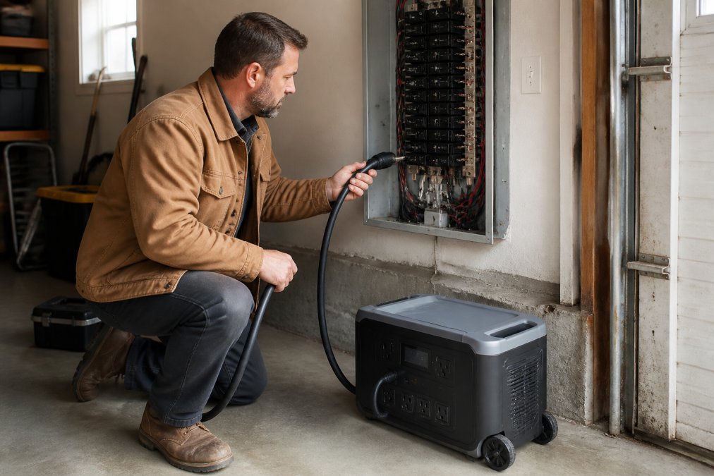 Homeowner connecting a transfer switch cable to an electrical panel near a portable solar generator in a garage.