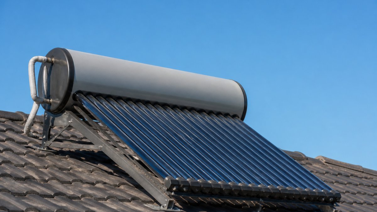 Close-up of a rooftop solar hot water collector panel with clear blue sky, showing tubes and mounting frame on a tiled roof