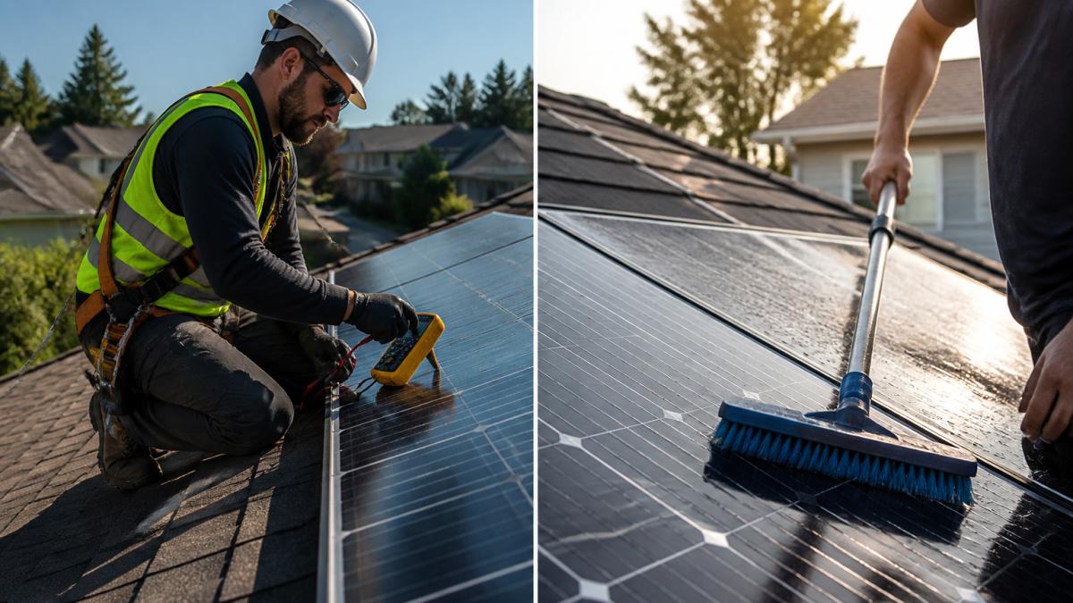 Professional solar installation technician in safety harness and high-visibility vest performing roof inspection of residential solar panels with testing equipment, morning sunlight casting shadows across panels