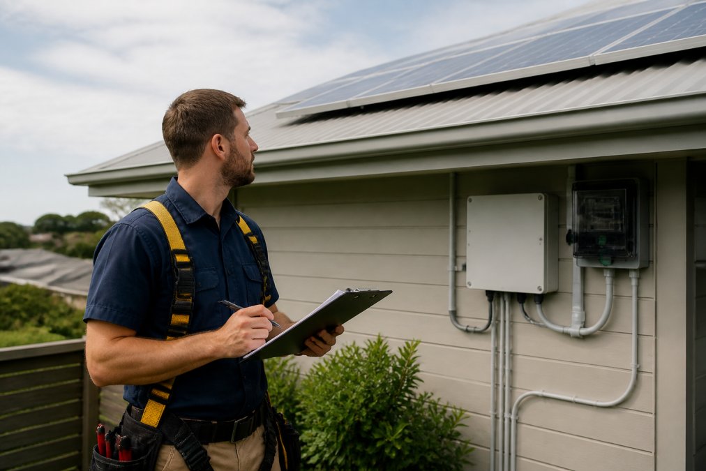 Professional electrician in branded uniform holding clipboard during on-site solar system assessment, examining roof space and electrical infrastructure with measuring tools