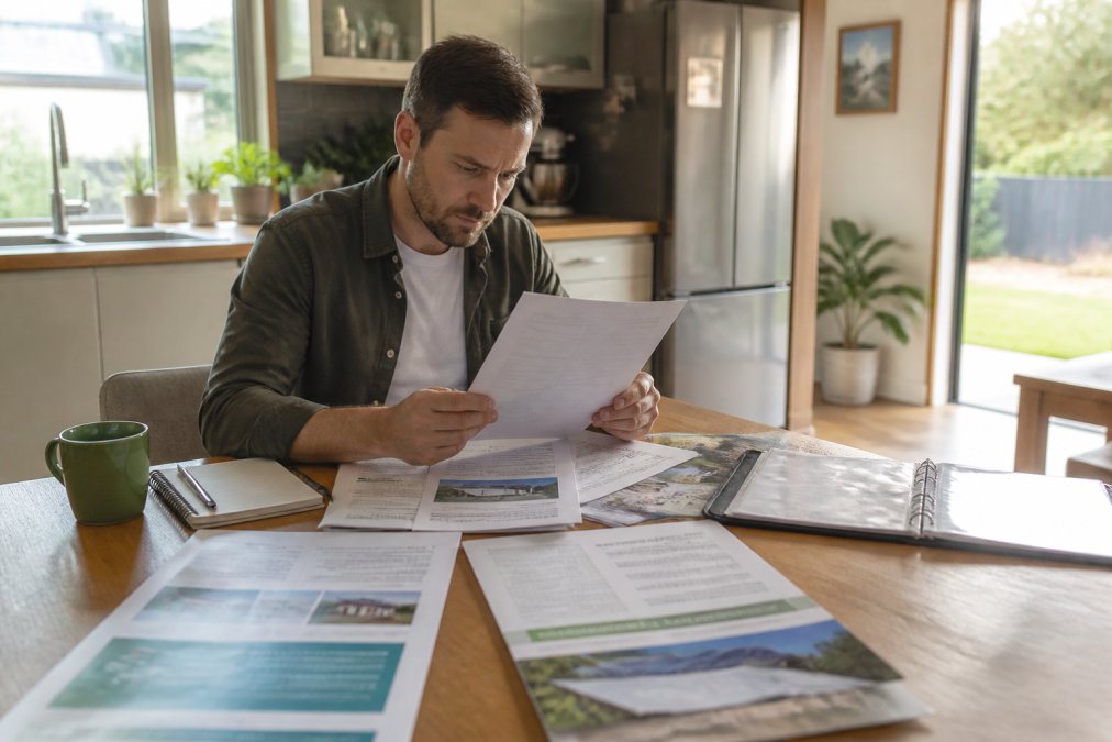 Homeowner at kitchen table reviewing multiple printed solar quotes with documents spread out, comparing specifications, pricing, and warranty terms with natural morning light