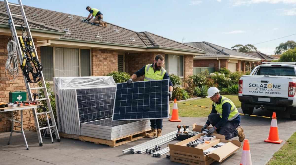 Solar installation crew working on a residential roof, installing solar panels and mounting hardware in bright daylight, with safety harnesses and equipment visible