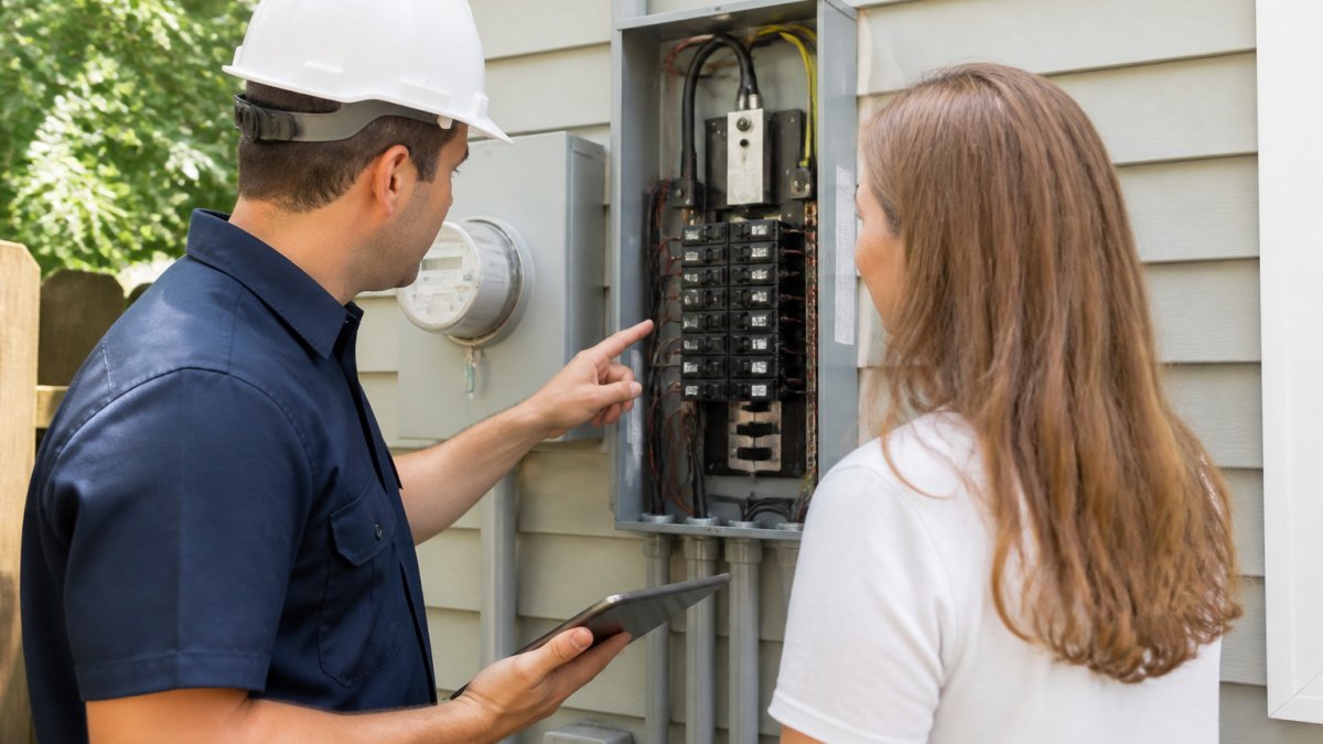 Professional solar installer and homeowner reviewing electrical system components and roof layout during site assessment consultation in residential setting