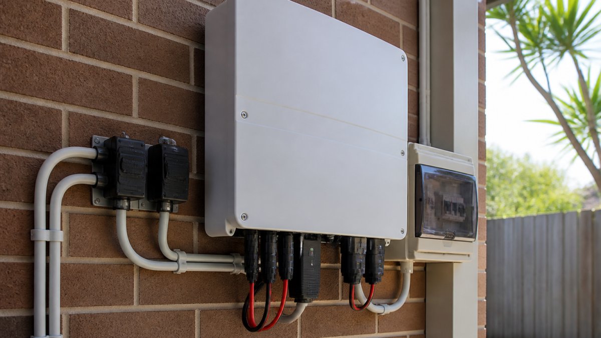 Close-up of solar inverter mounted on residential wall with visible DC terminals from rooftop cables and AC output connections to home switchboard, showing physical conversion hardware in bright daylight