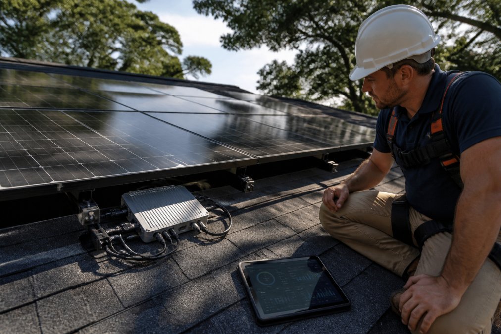 Infographic showing solar inverter vs microinverter performance under partial shade on a residential rooftop