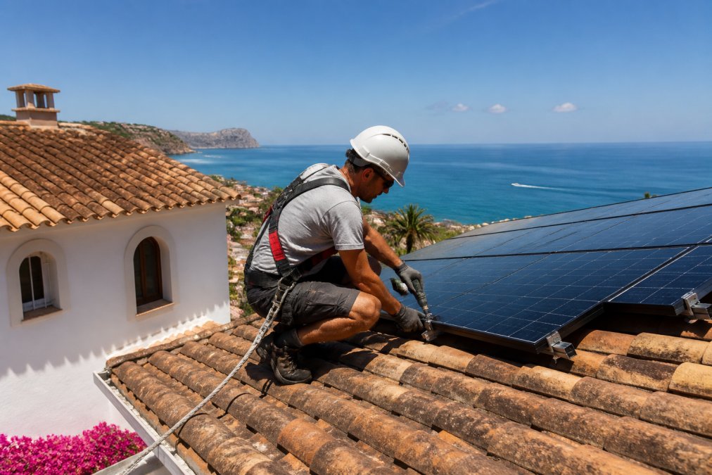 A solar installer in safety harness kneeling on a terracotta tiled roof of a white Mediterranean villa, securing a black solar panel under bright midday sun, with the blue sea visible in the background