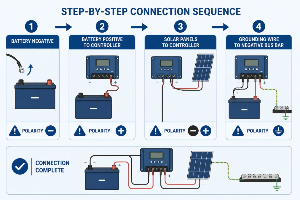 Flowchart showing correct connection sequence: Battery negative terminal disconnected first, then Battery positive to Controller, then Solar panels to Controller, then Grounding wire to negative bus bar, with polarity warnings at each step